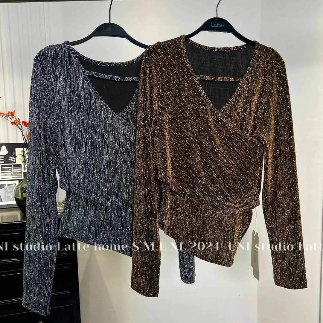 （夜愿）秋季新款百搭时尚v领轻奢长袖女士上衣