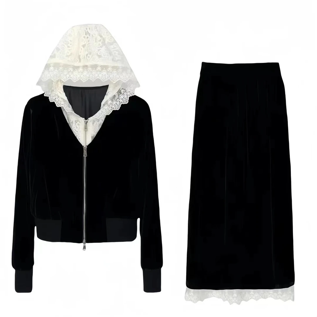 【热巴同款】2024秋冬新款气质名媛假两件长袖上衣+半身裙