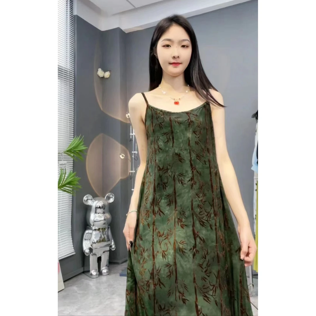 81169扎染植绒吊带连衣裙国风夏季长款吊带裙气质时尚复古百搭