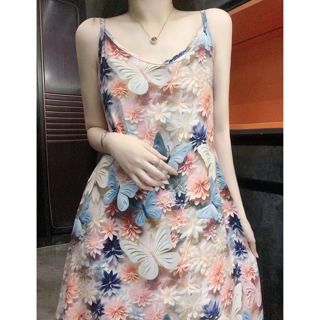 （花飞蝶舞）夏季气质复古夏季印花小众设计感外穿中长款百搭连衣裙