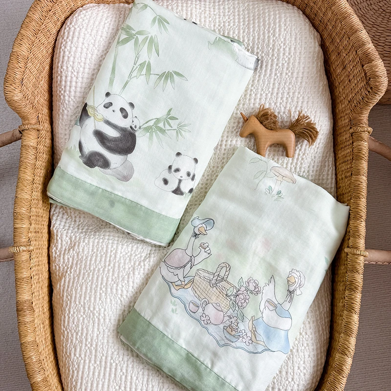 A类宝宝竹棉纱布竹园熊猫盖毯婴儿薄款被子夏天新生儿童毯子盖巾