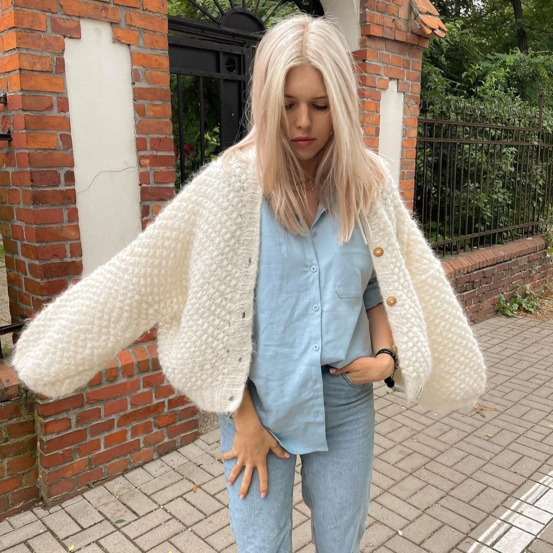 2023秋装ins纯手工编织马海毛毛衣外套开衫网红慵懒针织衫女士