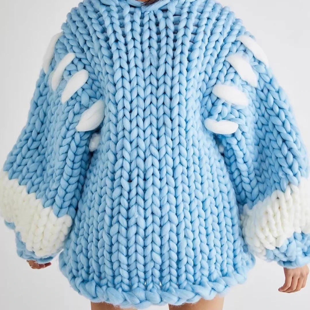 澳洲纯羊毛手工大粗线编织网红秋冬中长款保暖开衫毛衣外套女宽松