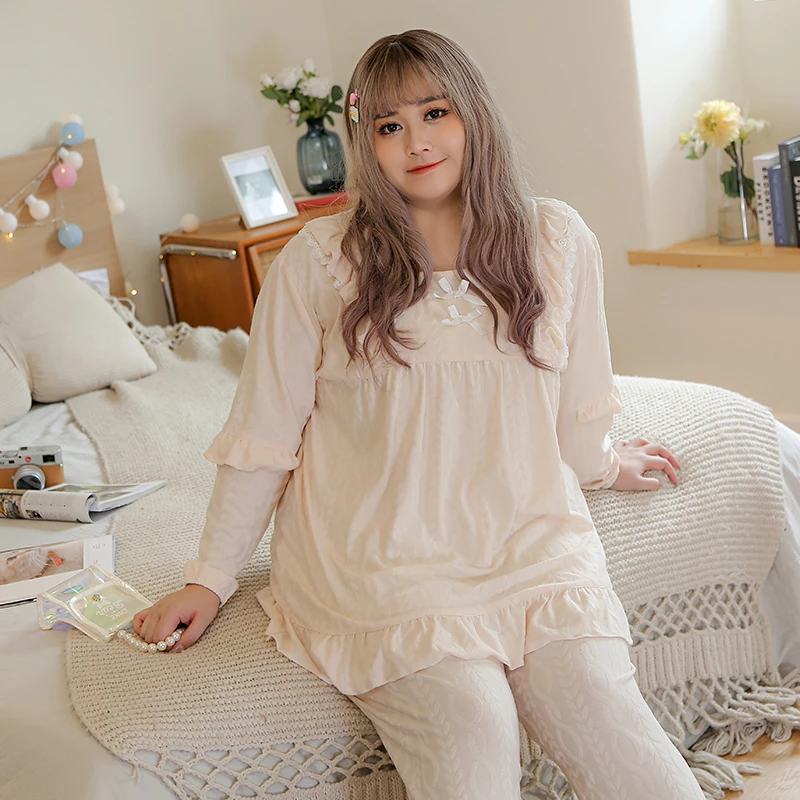 韩版提花公主甜美风春秋胖mm大码睡衣女200斤加肥加大家居服套装