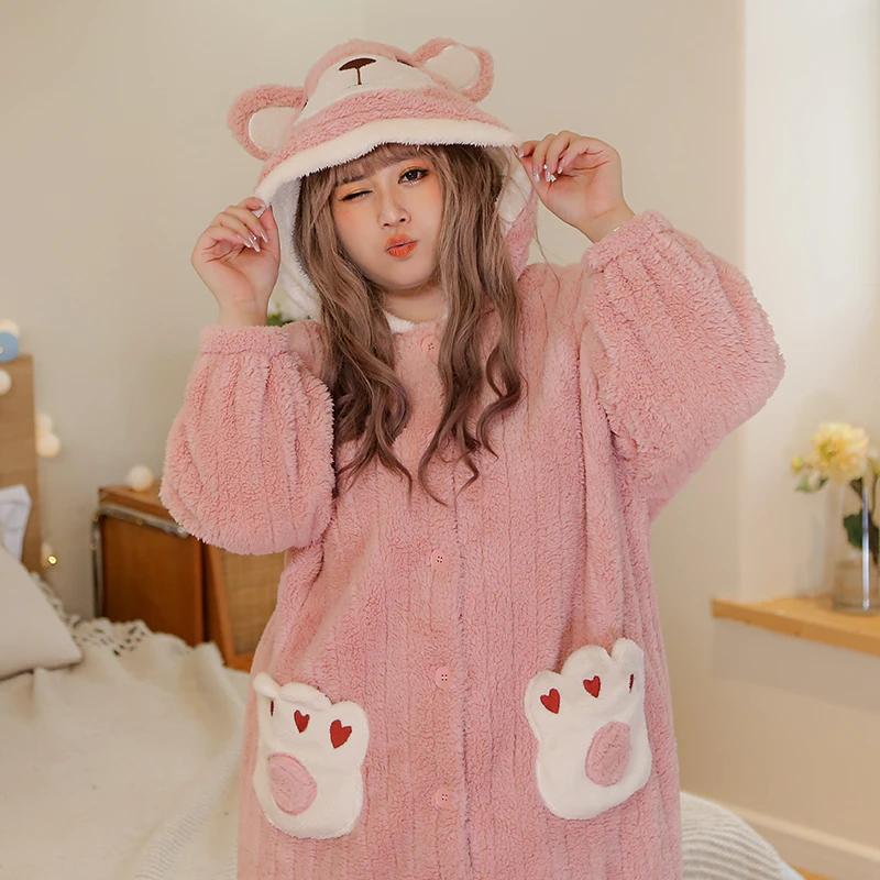 冬季加厚珊瑚绒睡袍卡通加肥加大连帽女胖mm超大码睡衣200-300斤