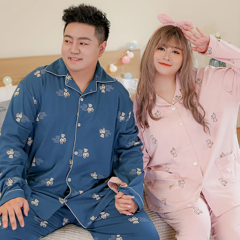 纯棉加厚情侣大码睡衣女200-300斤胖mm卡通可外穿长袖家居服套装