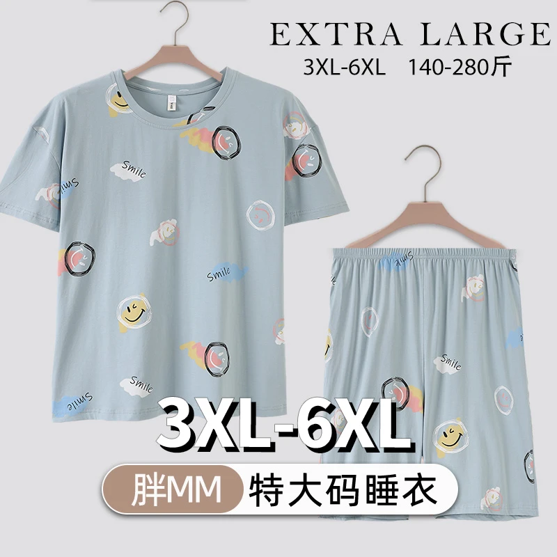 加肥加大睡衣女特大码胖mm200斤宽松冰瓷棉卡通五分裤家居服套装