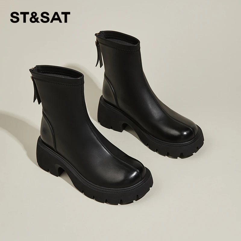 星期六黑色圆头增高短靴女2025冬季新款厚底加绒靴子英伦风瘦瘦靴