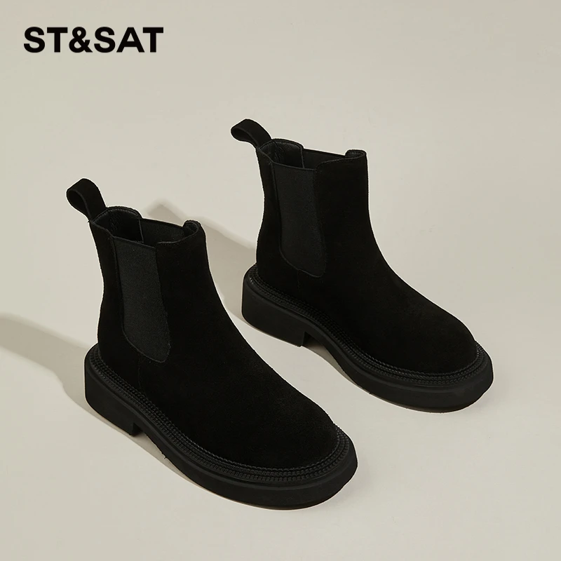 星期六厚底黑色马丁靴女2025春季新款切尔西短靴磨砂复古烟筒靴子