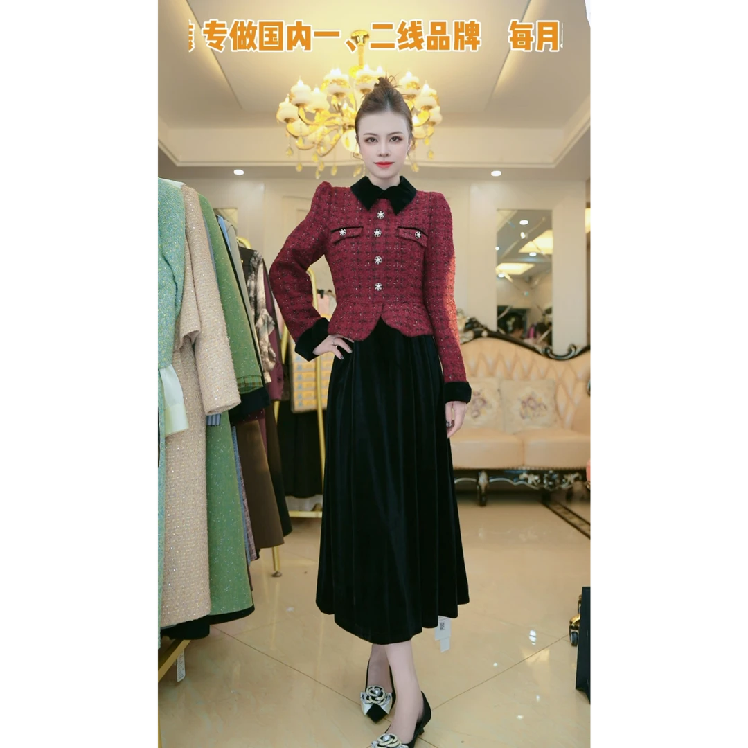 梦想服饰2024年秋冬款礼服千金感拼接轻奢气质减龄连衣裙8003