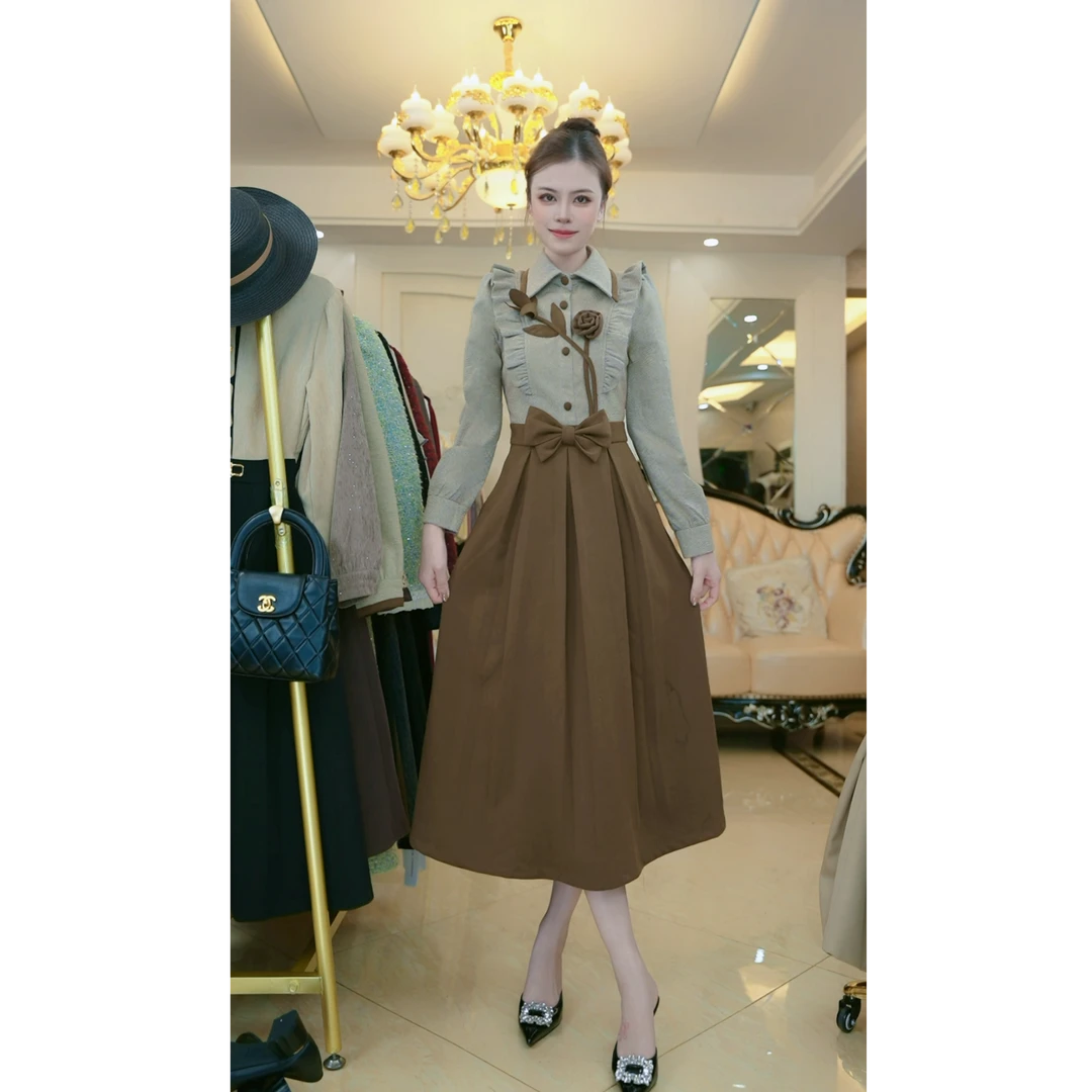 梦想服饰洋气假两件连衣裙2024秋冬收腰新款显瘦遮肉减龄8119