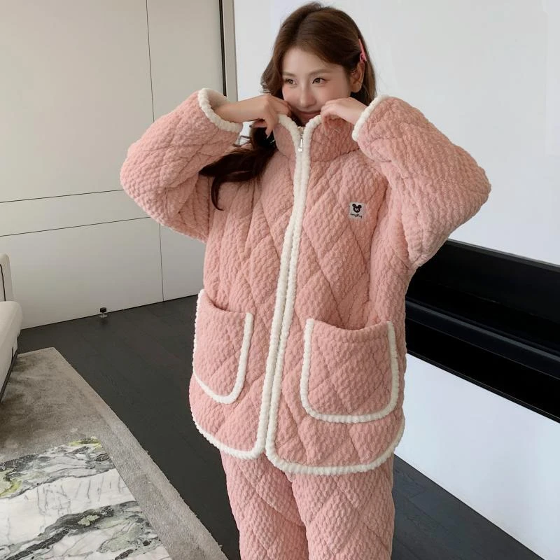 三层夹层夹棉月子服孕妇哺乳喂奶加厚法兰绒保暖加绒女士韩版冬款