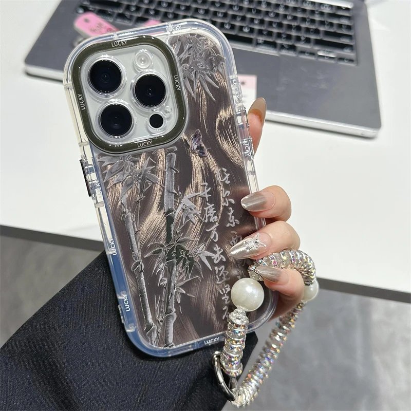 适用于苹果15华为MATE60全包OPPO小米14黑色竹子ins防摔手机壳