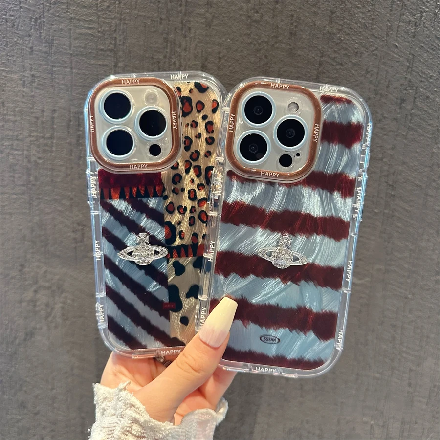 适用于苹果16PROMAX华为PURA70红米创意撞色拼接豹纹羽纱手机壳