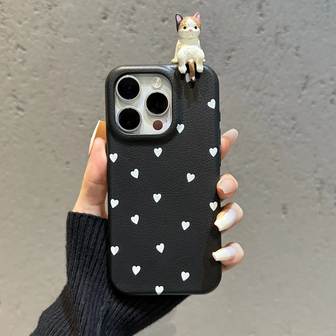 皮纹适用于苹果16PROMAX华为PURA70趣味白色爱心猫咪新款手机壳