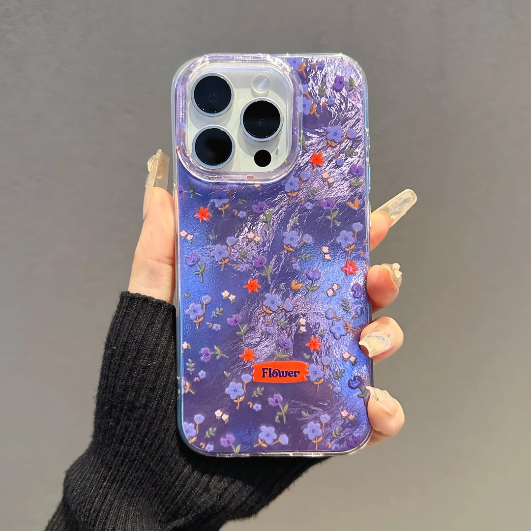 适用苹果16PROMAX华为MATE60创意红米K70创意蓝色小花漩涡手机壳