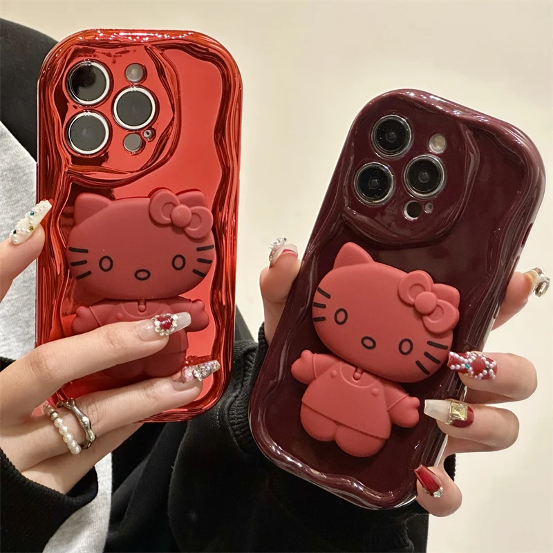 电镀曲边纹苹果15PROMAX华为MATE60全包VIVO小米14立体镜子KT猫