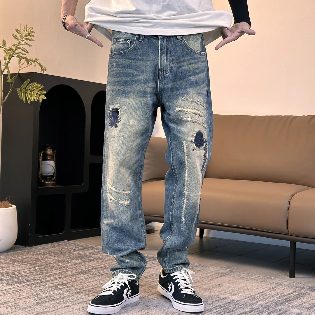 太子箭男士夏季大牛宽松磨破美式牛仔裤水洗做旧百搭破洞#5683