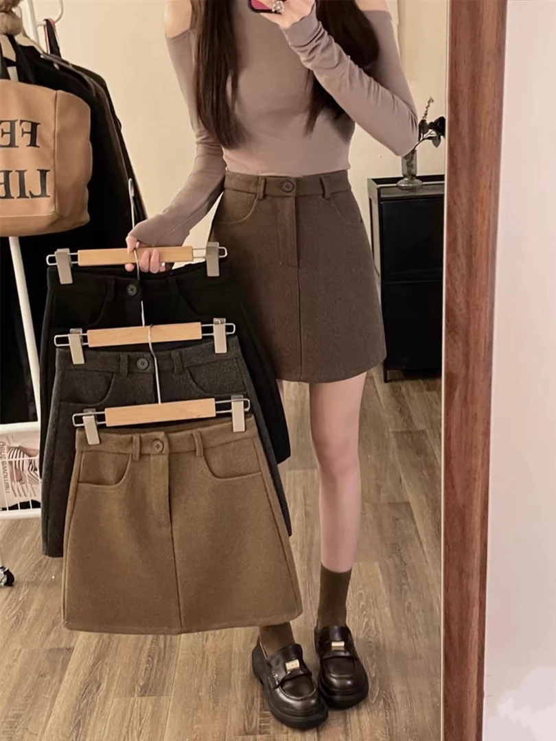 【家】非主图秋冬新款毛呢复古半身短裙短裤女气质百搭，默认微瑕