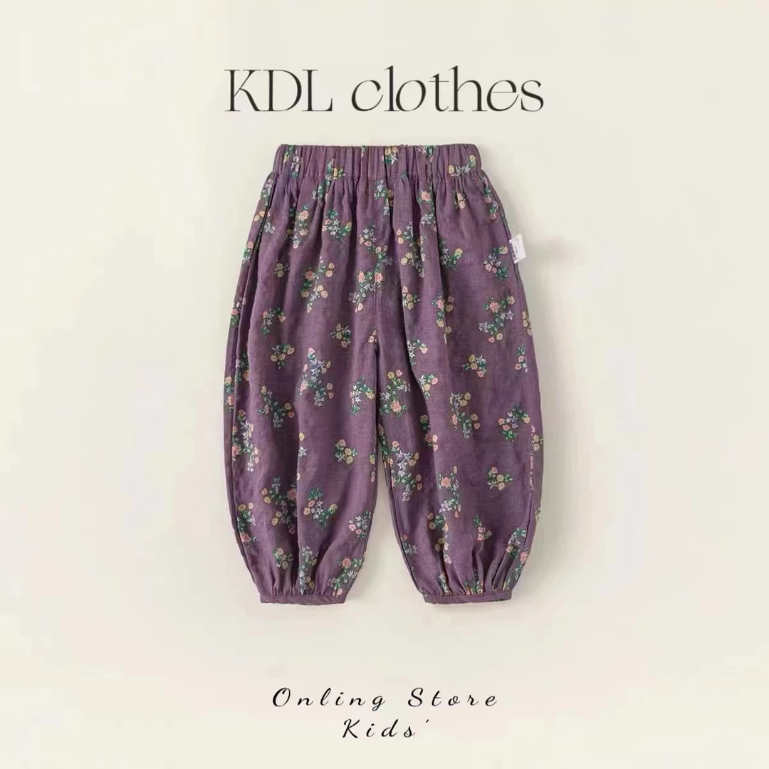 男童女童韩版潮流碎花裤子夏季新款云锦纱九分裤女童防蚊裤宽松N