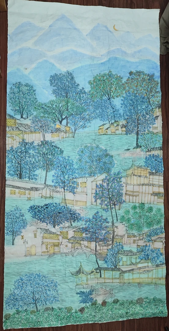 六尺整张的工笔重彩画江南古镇
