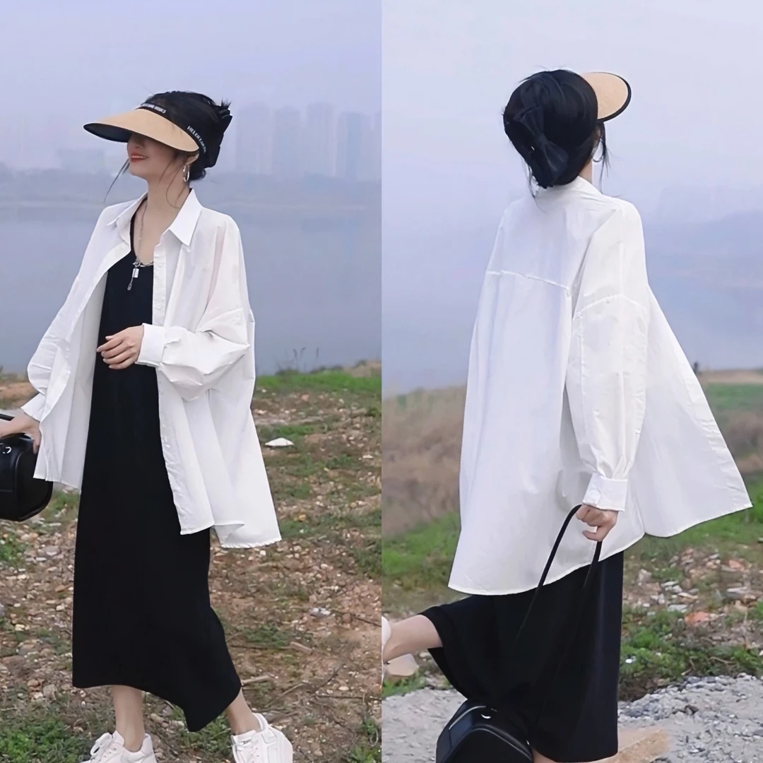 侧前开叉慵懒度假风衬衣配慵懒风宽松休闲背心连衣裙