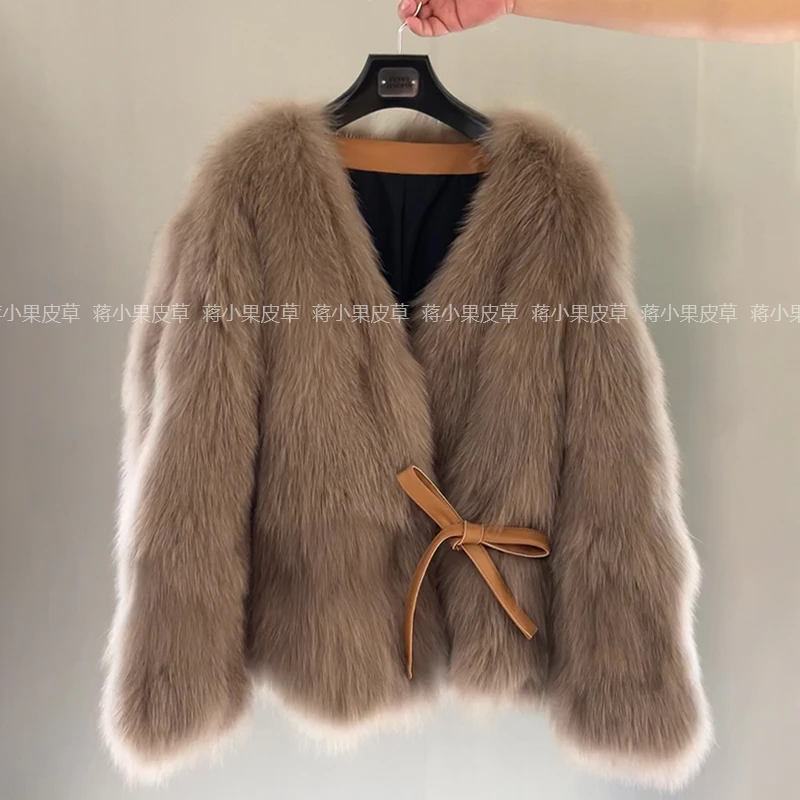 蒋小果22137 狐狸毛皮草外套女中长款2024秋冬新海宁韩版绑带坎毛