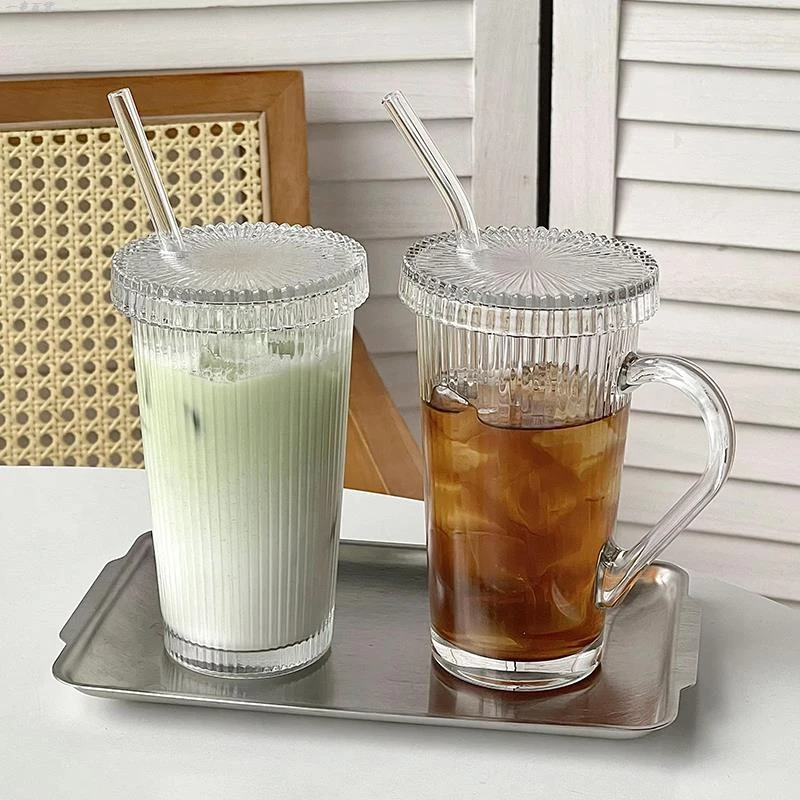 竖条纹带盖吸管杯 ins风高颜值带把玻璃水杯咖啡杯冰拿铁饮料杯子