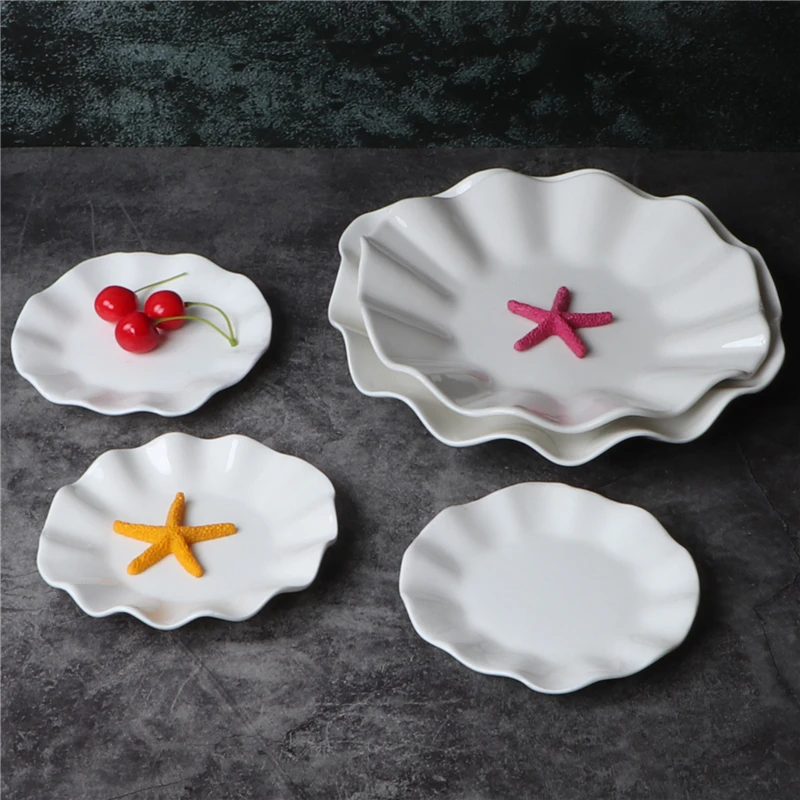 纯白陶瓷荷叶盘子汤盘菜盘异形创意家用水果盘餐具不规则冷热菜盘