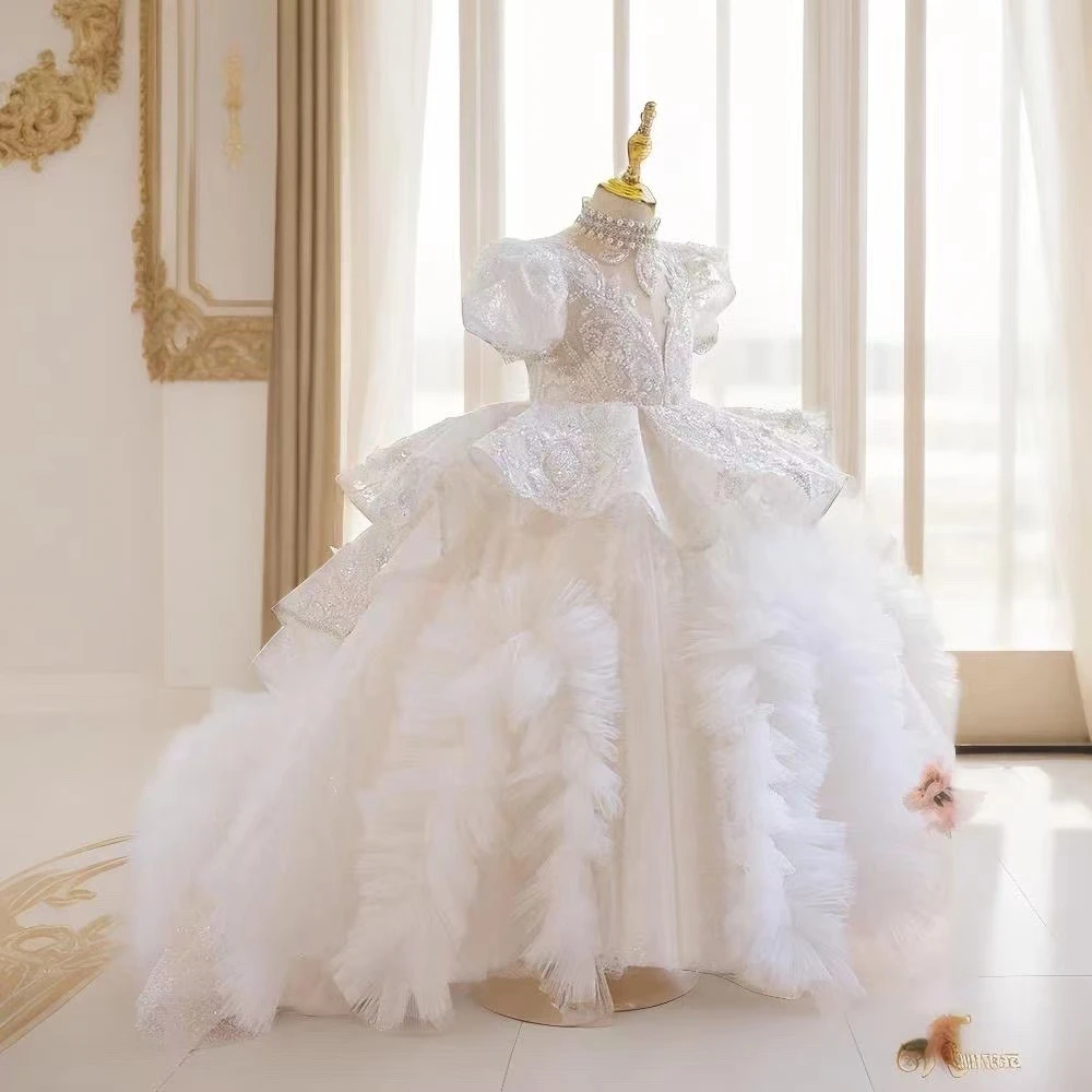 白羽仙子 十岁女童生日白色高定拖尾晚礼服花童主持T台走秀公主裙