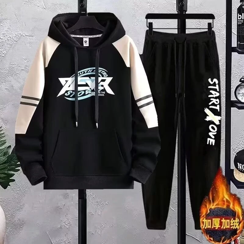 青少年长袖卫衣两件休闲运动套装男孩秋冬季连帽加绒一套学生装