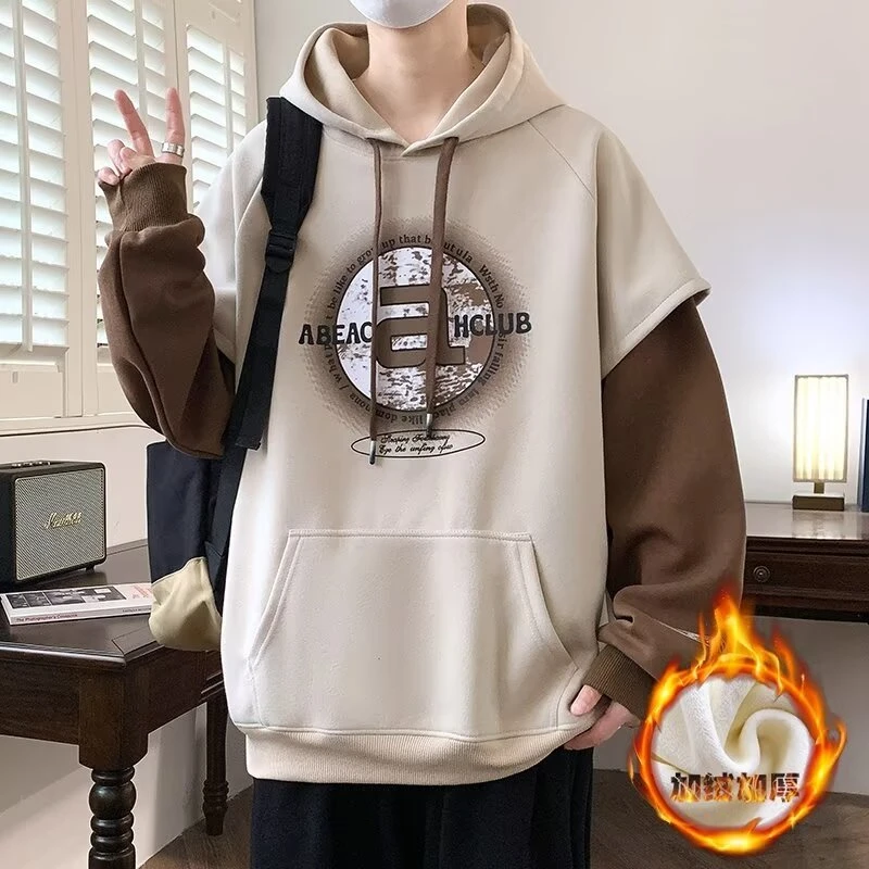 假两件潮流连帽卫衣男装秋冬季休闲宽松大码百搭拼接帅气运动套装