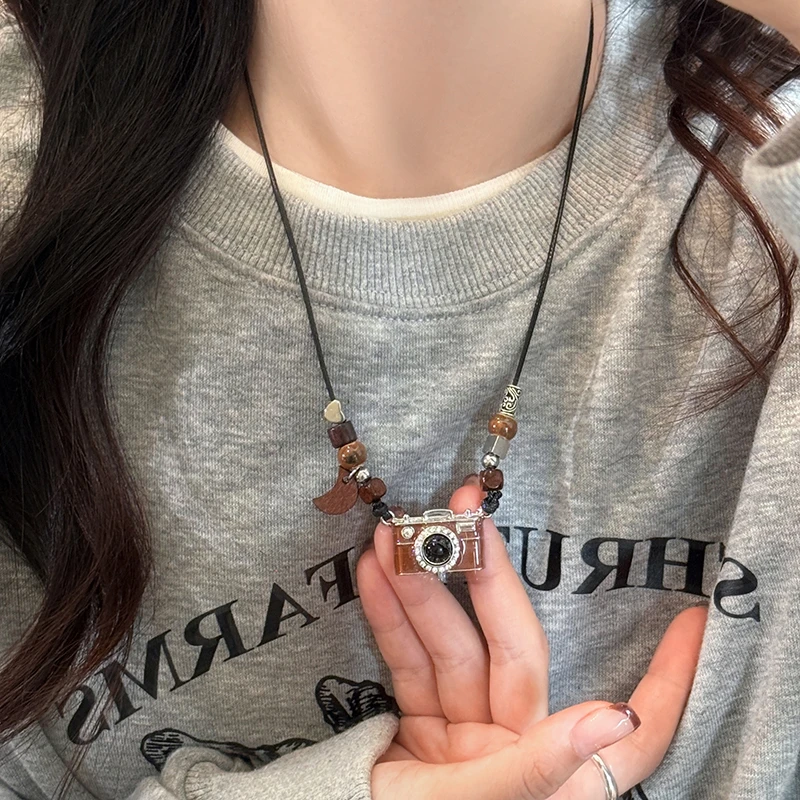 合金项链 复古咖色相机吊坠项链女嘻哈毛衣链潮酷网红高级感配饰