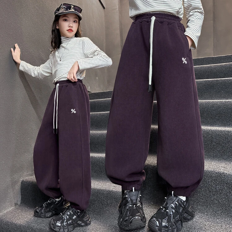 女童加绒裤子一体绒秋冬款2024新款洋气女大童冬季加厚卫裤休闲裤