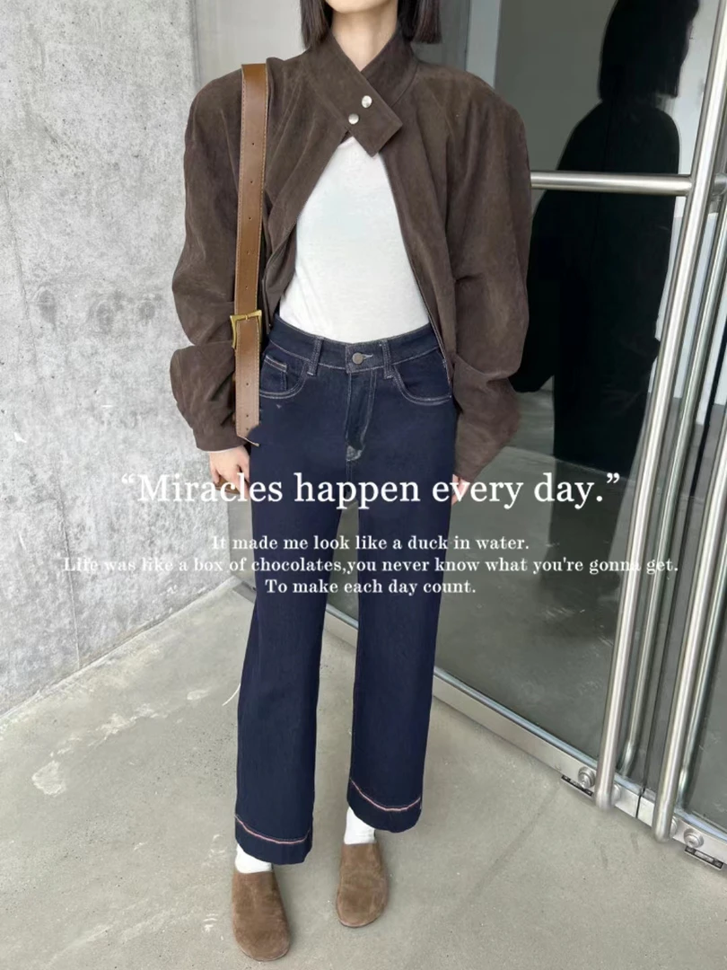 DU【直筒98133】2024冬季加绒显瘦窄版阔腿牛仔裤女高腰九分裤