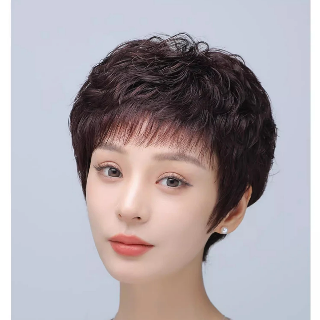 假发中老年短卷发女真发全真人发妈妈款全头套自然女士全手织发套