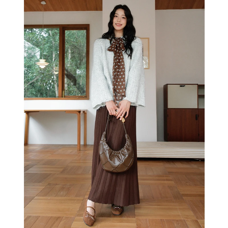 《水色秋荷》法式丝巾亮片正反两穿毛衣百褶半身裙套装彼得潘大叔