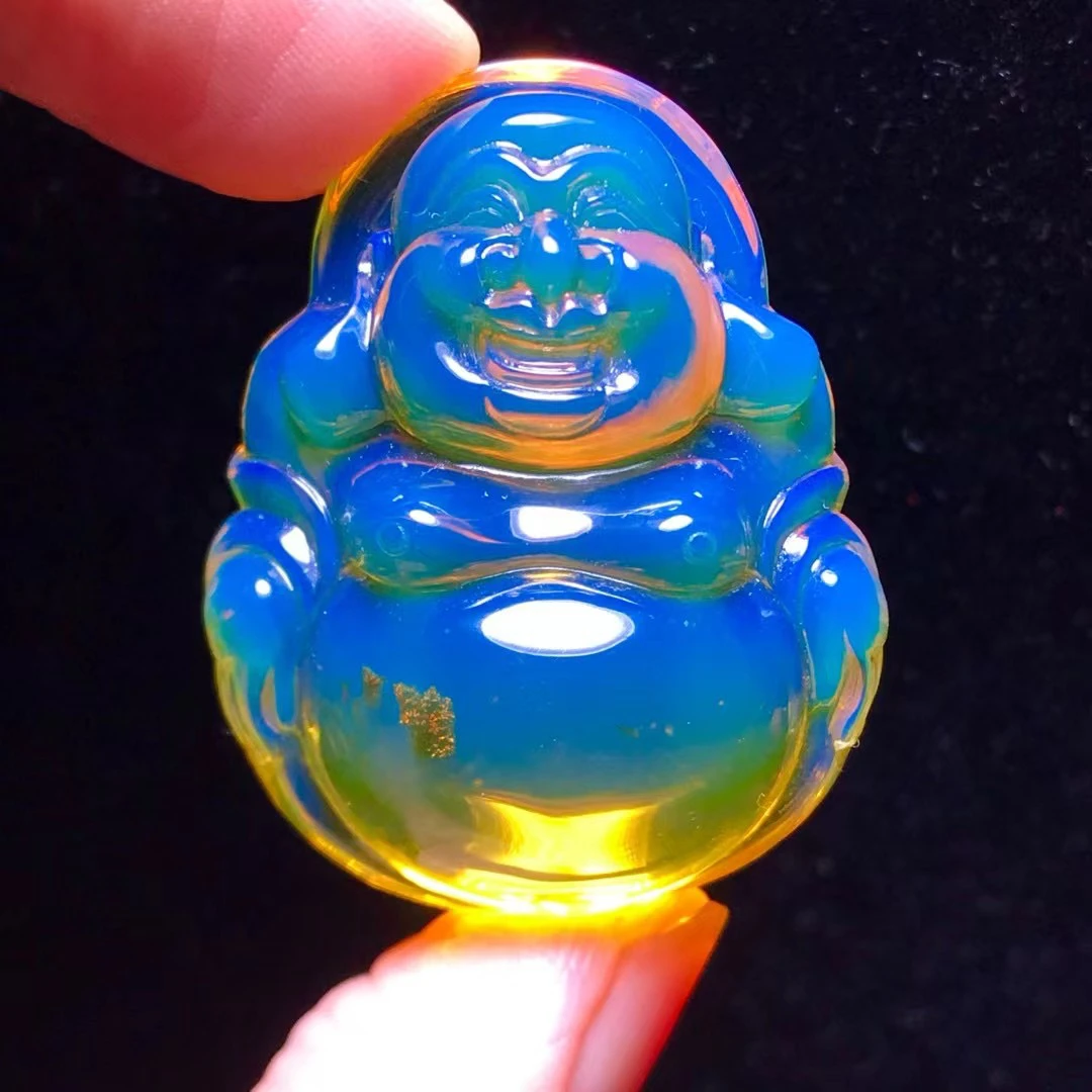 高白蓝吊坠，蓝珀飘蜜大肚弥勒佛，规格40.6/32.2/17.8mm重11.5克