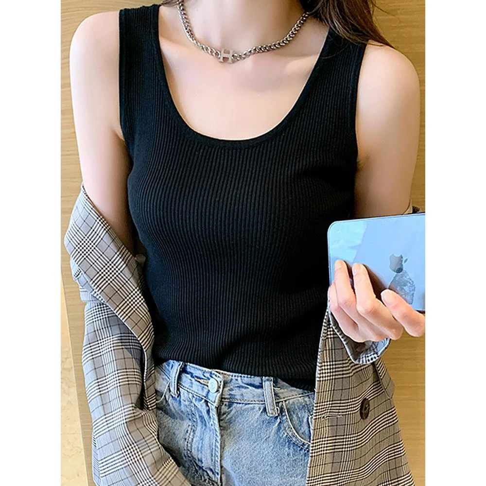 针织吊带背心女2024秋冬新款色圆领西装内搭短款修身显瘦打底衫