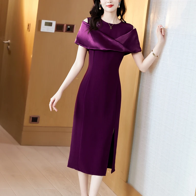 [深圳南油]醋酸缎面连衣裙2024修身名媛气质宴会夏季紫色礼服裙女