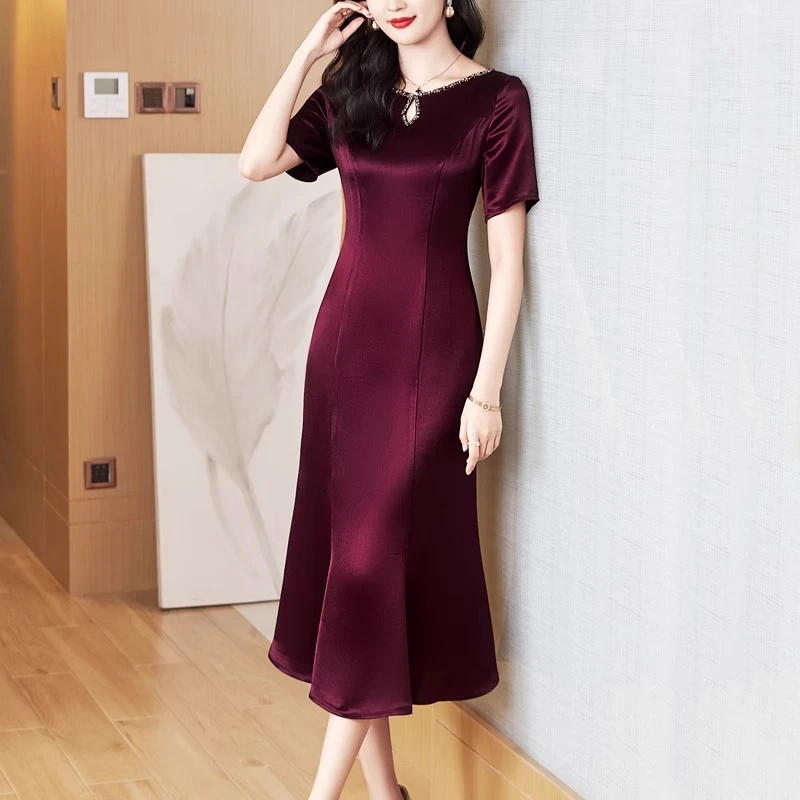 紫色醋酸礼服连衣裙女短袖2024春夏新款高端洋气中长款包臀鱼尾裙