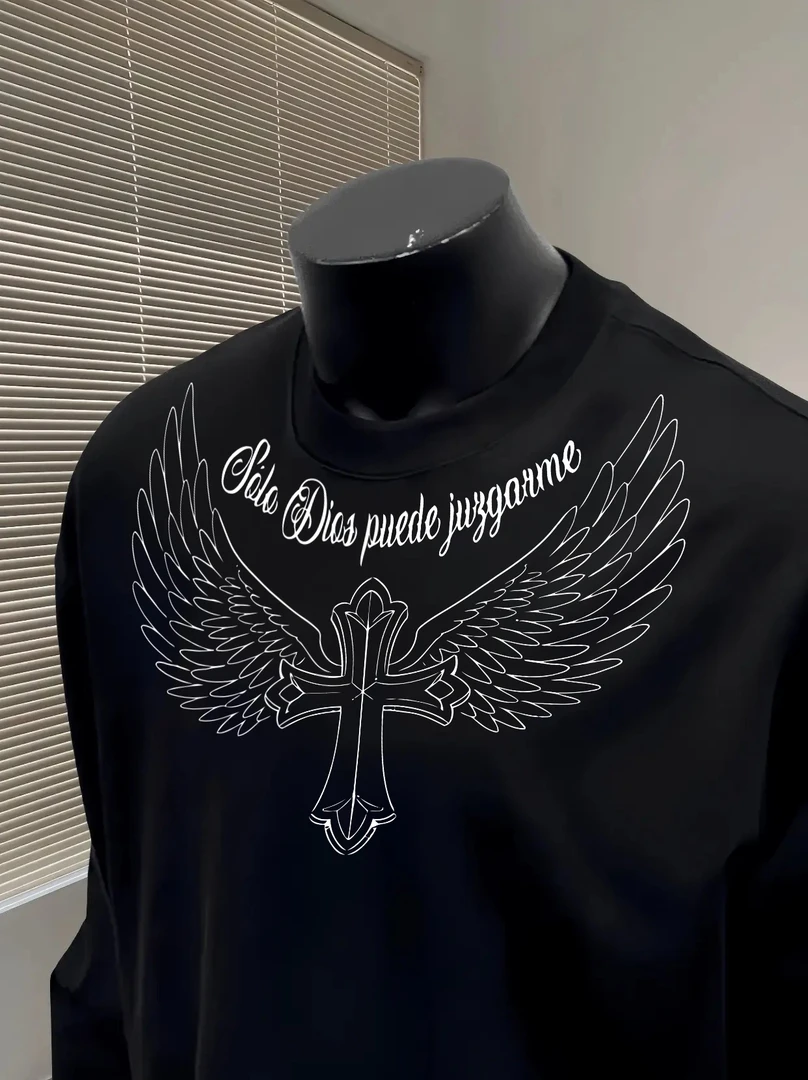 美式潮流圆领纯棉长袖T恤秋季小众帅气翅膀十字上衣内搭打底衫