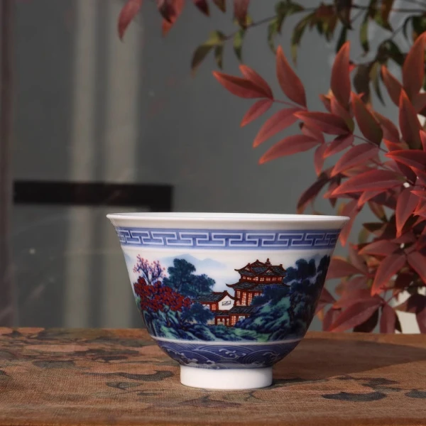 【瓷韵天成】清三窑斗彩山水主人杯钰亭纯手工山水杯
