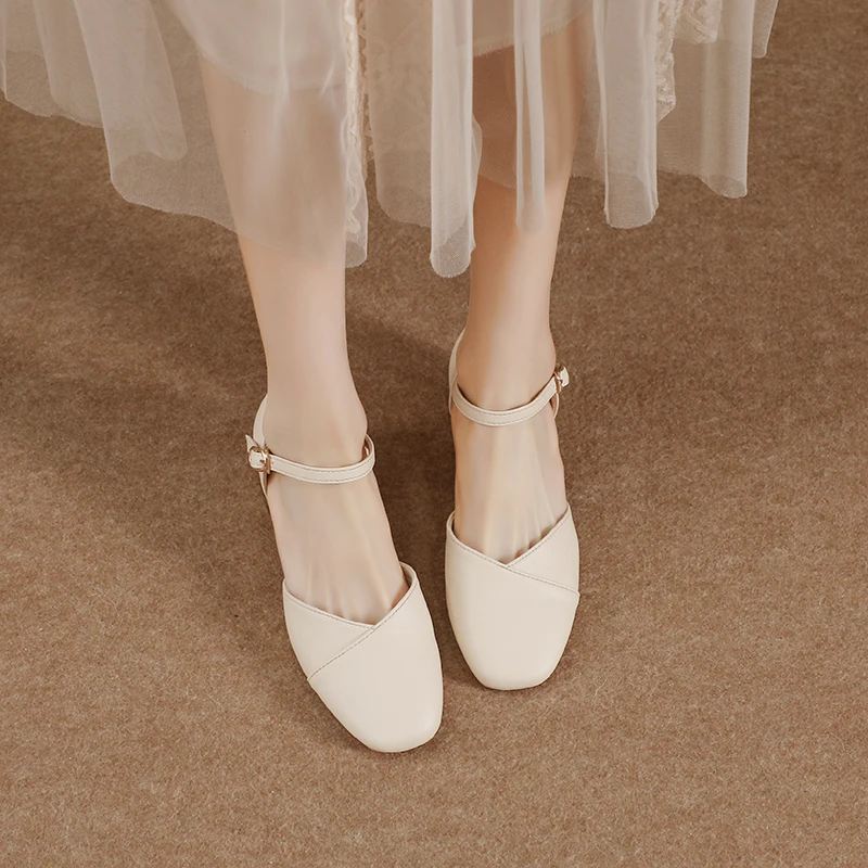 凉鞋女2024新款法式方头粗跟温柔百搭配裙子仙女风一字带中跟单鞋