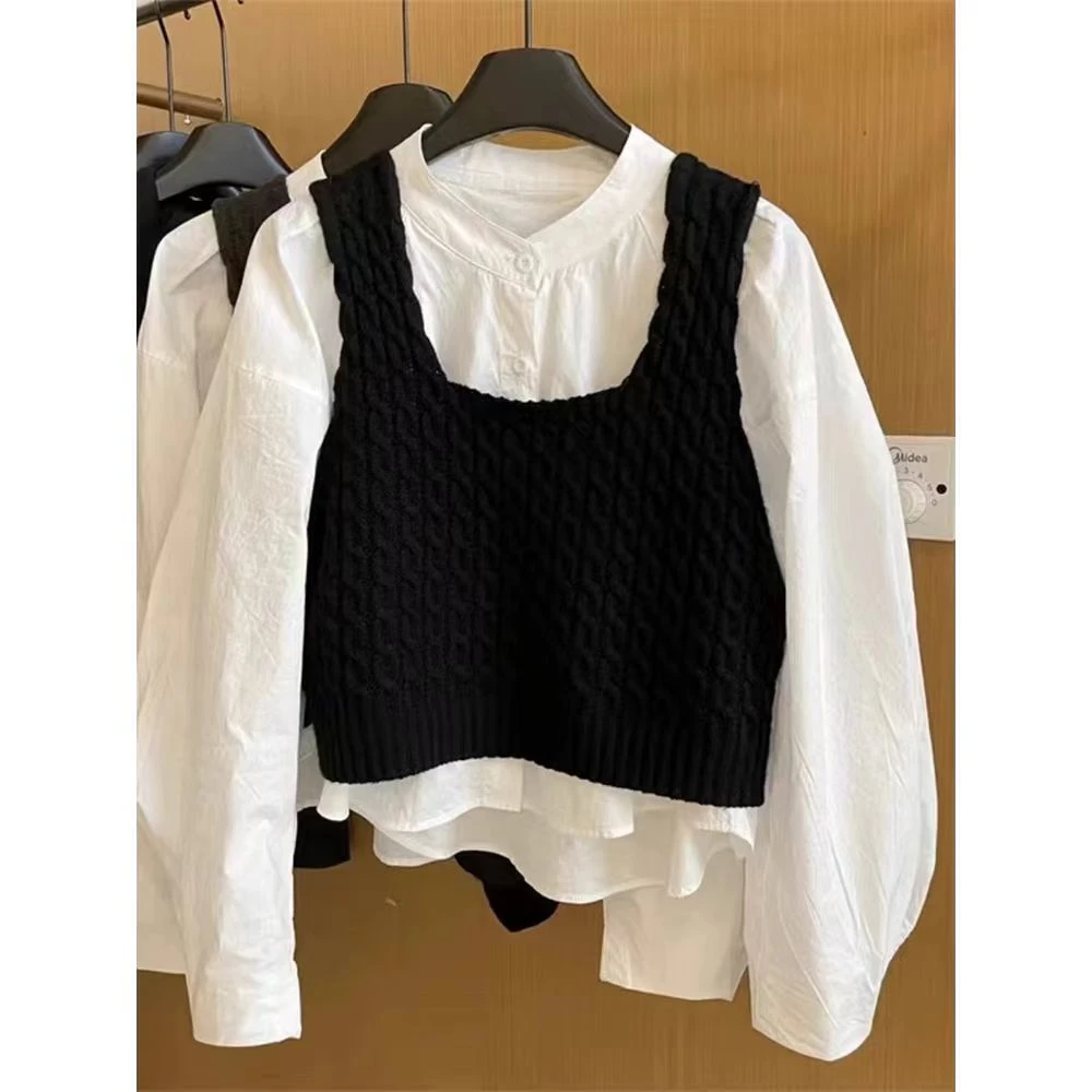 宽松慵懒风黑色麻花针织马甲女春秋无袖毛衣背心衬衫外搭坎肩上衣