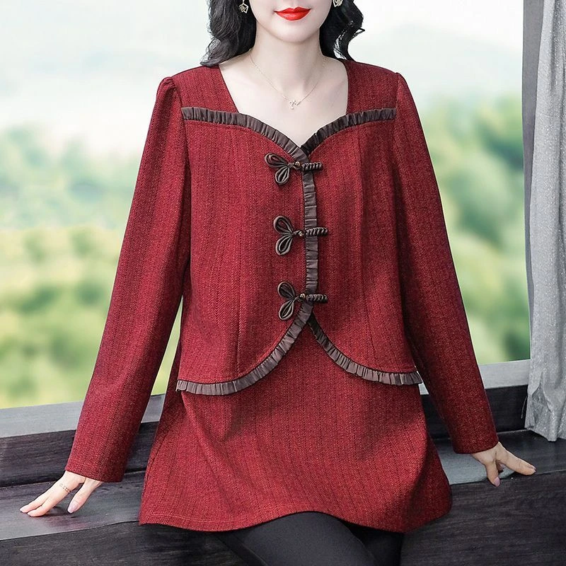 苏迷大码女装2025新款复古法式盘扣长袖上衣中国风上衣女241086