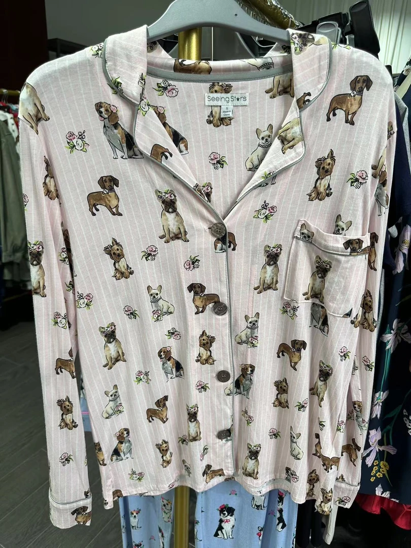 女士莫代尔长袖长裤套装粉红狗