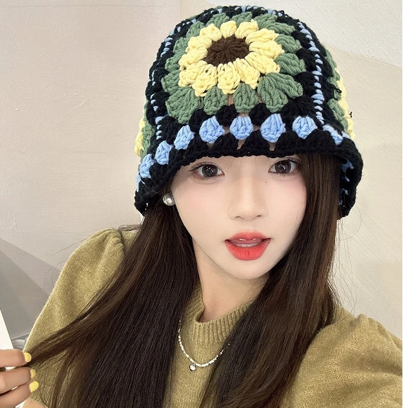 日系花朵镂空渔夫帽女泫雅风ins百搭盆帽显脸小手工编织毛线帽子
