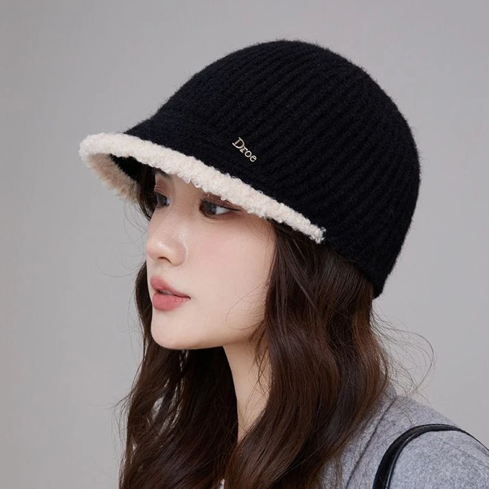 新款毛绒帽秋冬新款螺纹毛线鸭舌帽子女街头洋气百搭学生马术帽潮