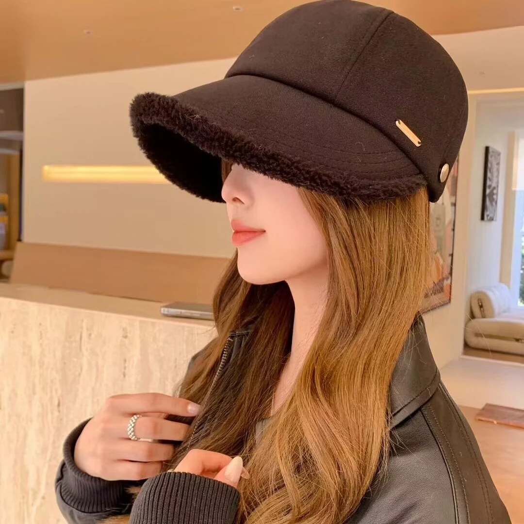 秋冬大帽檐鸭舌帽女加绒加厚休闲帽可挂口罩渔夫盆帽大头围显脸小